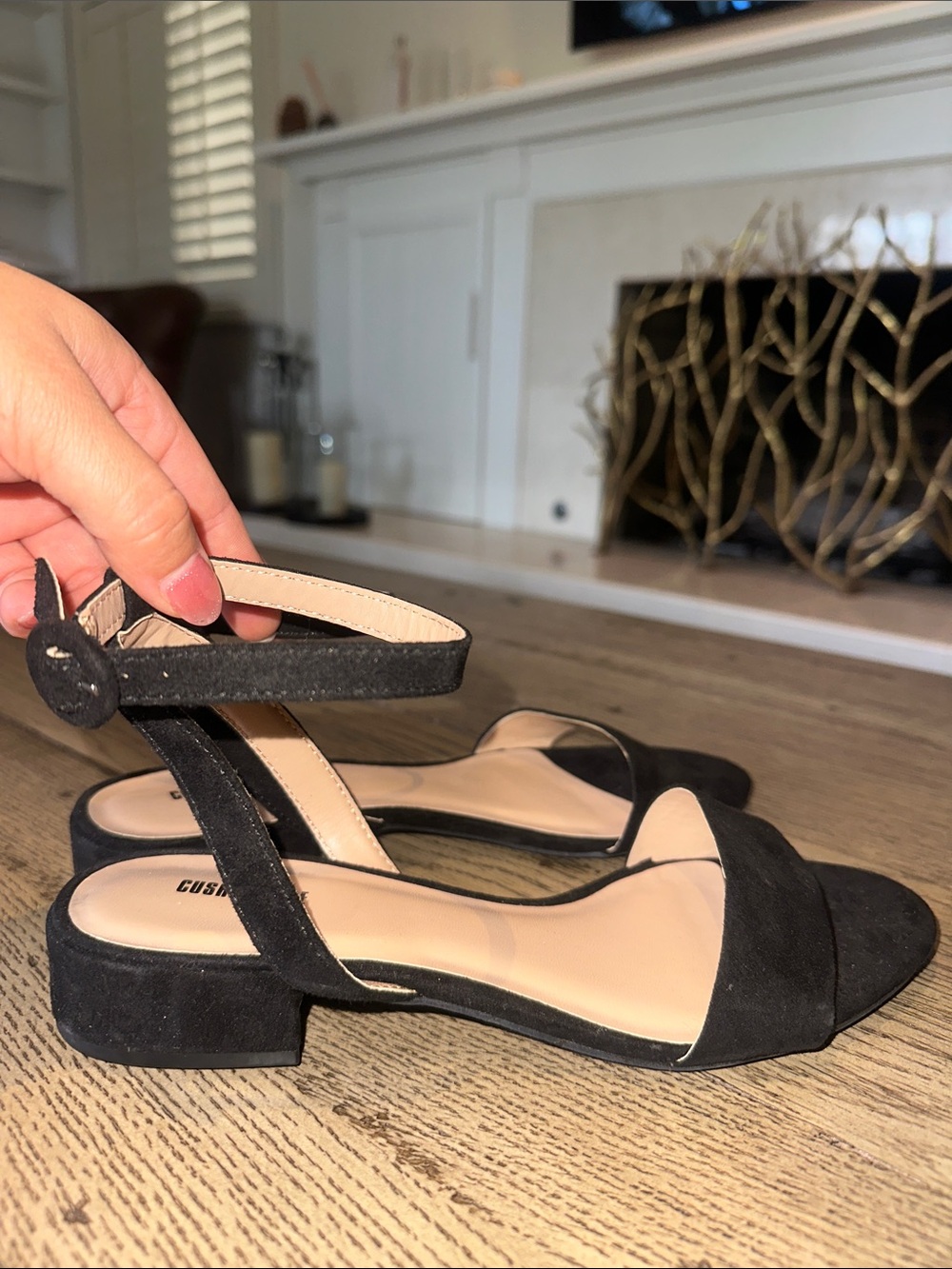 Black Suede Ankle-Strap Low Block Heels